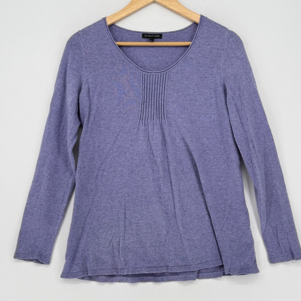 Eileen Fisher Knit Top Womens Small Purple Pintuck Wool Blend Quiet Luxury Soft